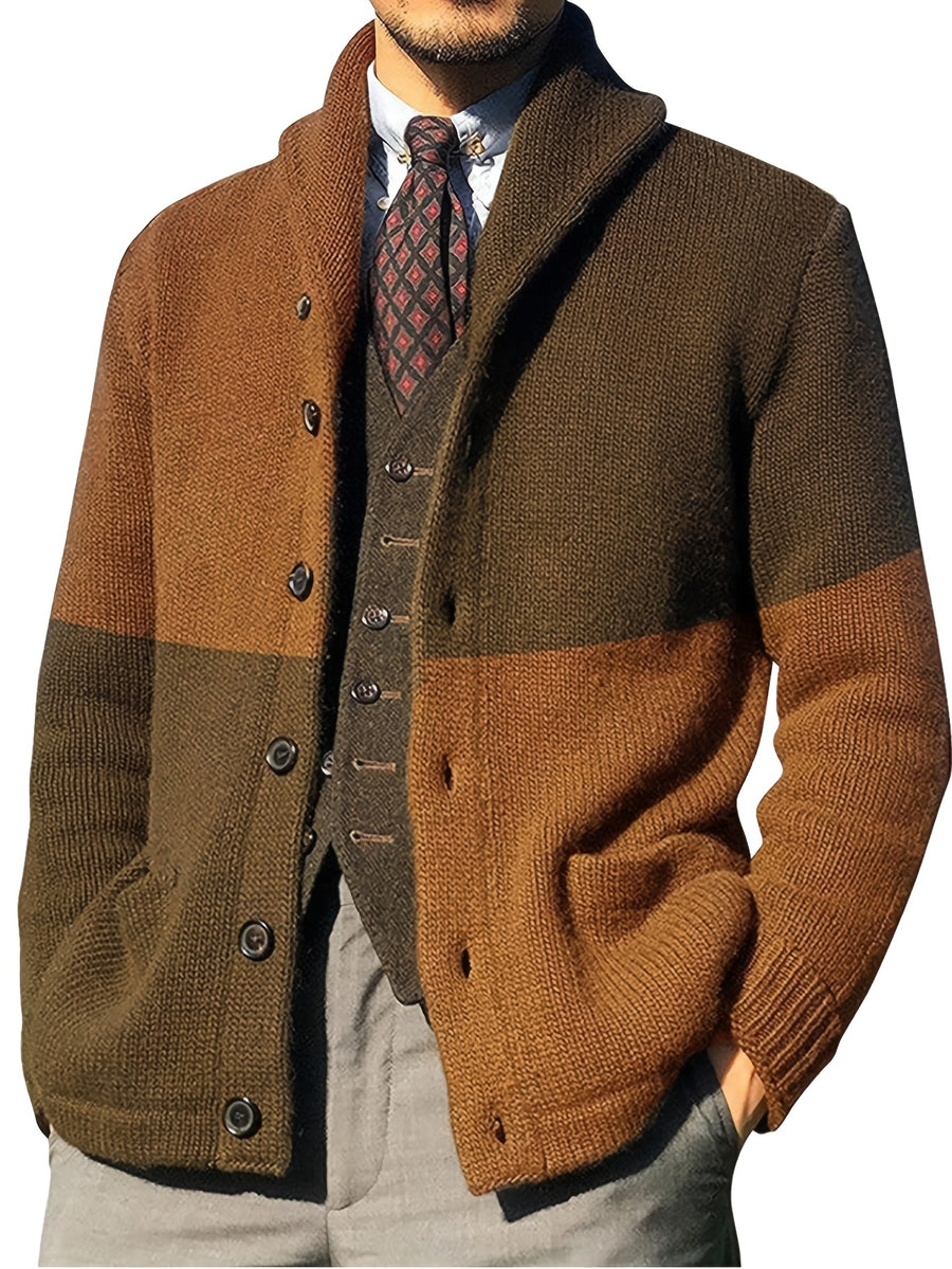 Men's Autumn and Winter New Style Lapel Single Breasted Cardigan Color Blocked Fashionable Casual Business Versatile Slim Fit Skin Friendly Comfortable Soft Warm Long Sleeved Pocket Durable Sports Vitality Simple Knitted Sweater - Coffee Brown