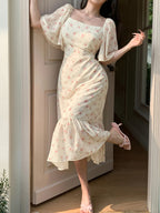 Women's Dress, Small Floral Elegant Dress, Women's Short Sleeve Holiday Dress - Apricot