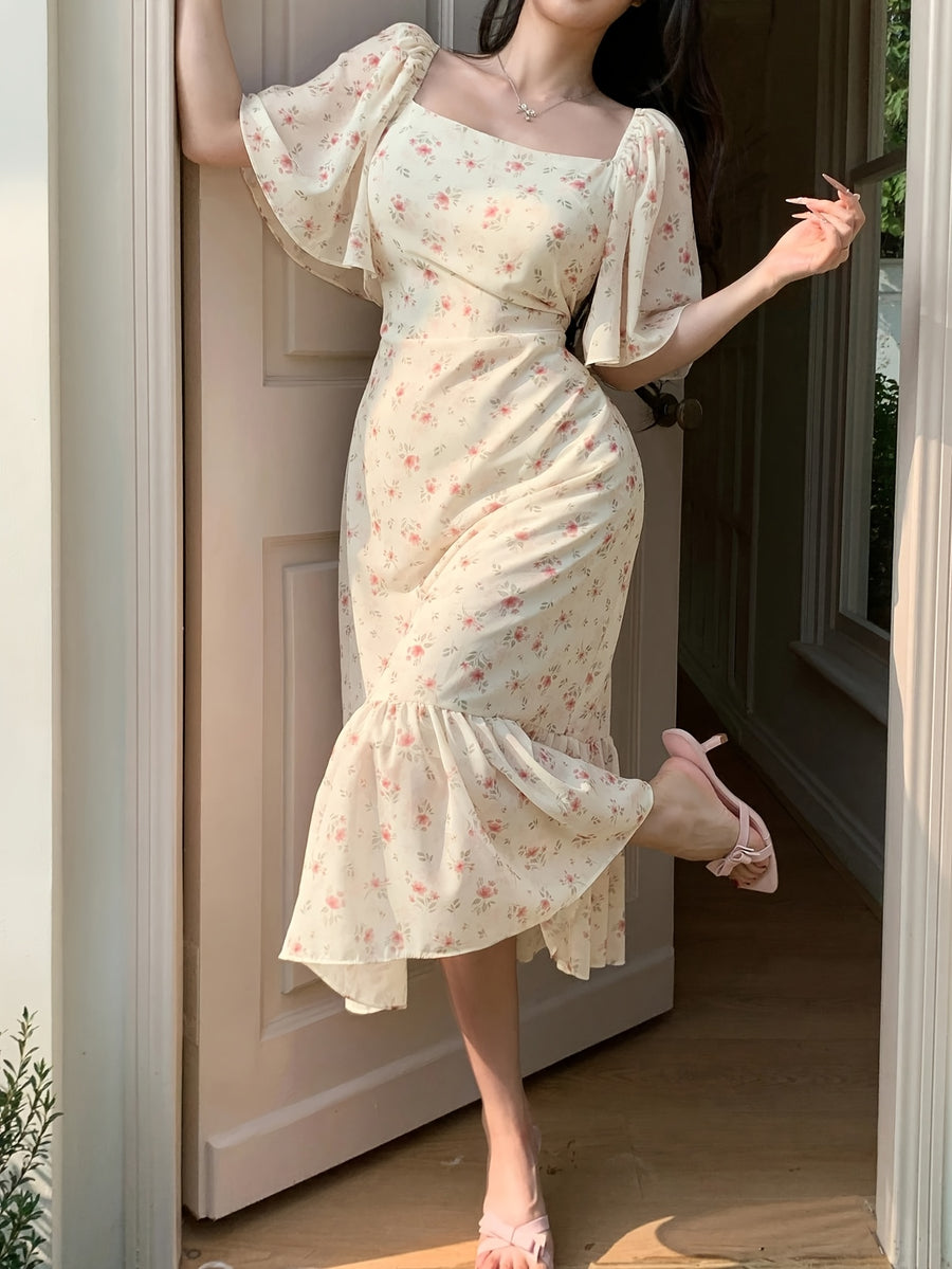 Women's Dress, Small Floral Elegant Dress, Women's Short Sleeve Holiday Dress - Apricot