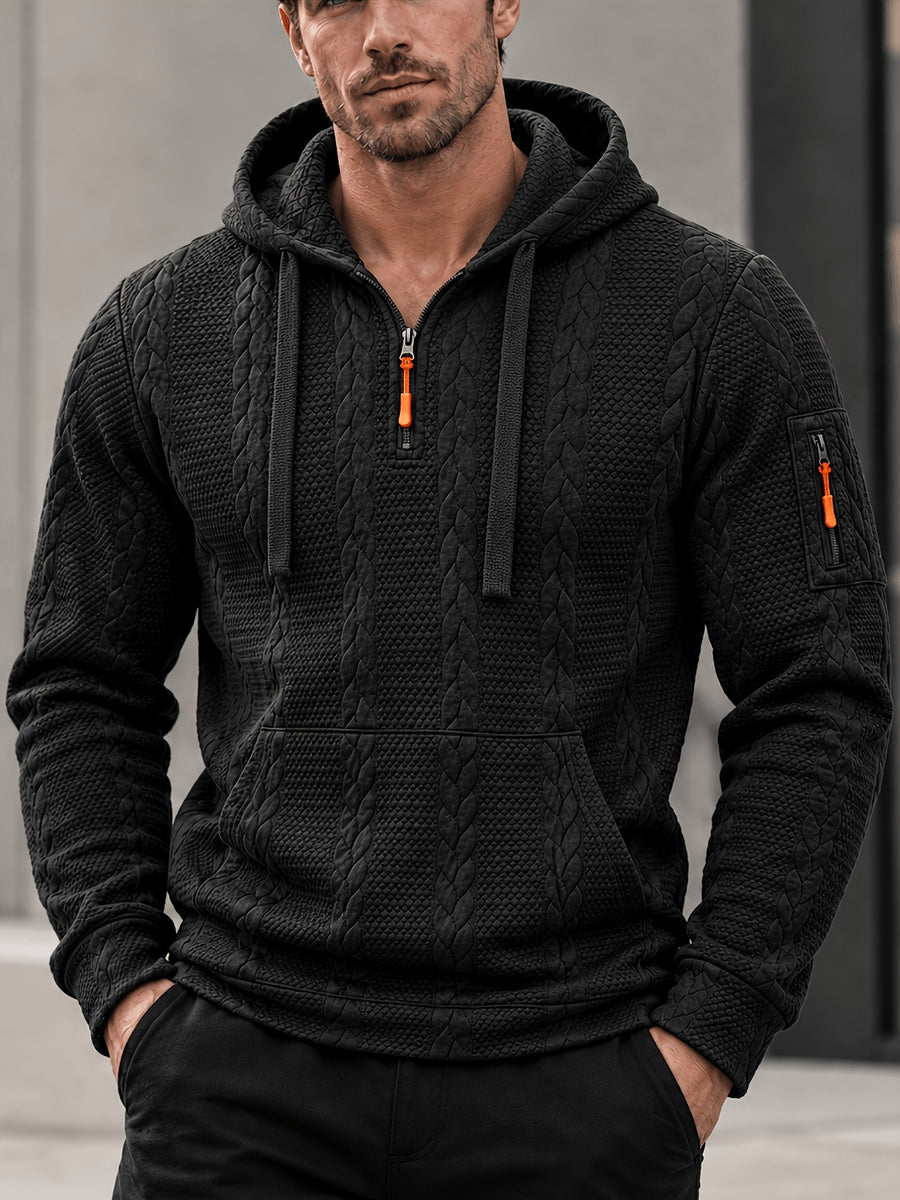 Men's Fashion Jacket, Autumn/Winter Wheat Ear Texture Jacquard Fabric with Random Pattern, Hooded Drawstring Long Sleeve Pullover with Arm Pocket Patchwork - Black