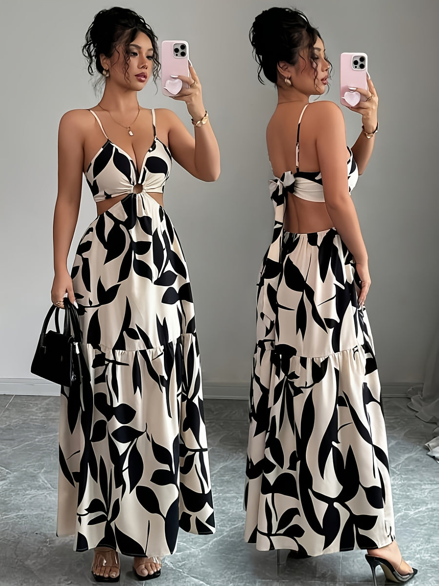 Women's Bohemian Maxi Dress with Adjustable Spaghetti Strap Sleeveless -Line Dress - Floral Print -Length Dress Suitable for Beach Weddings, Parties, Vacations, Machine Washable Round Hoop Hem Dress - Apricot