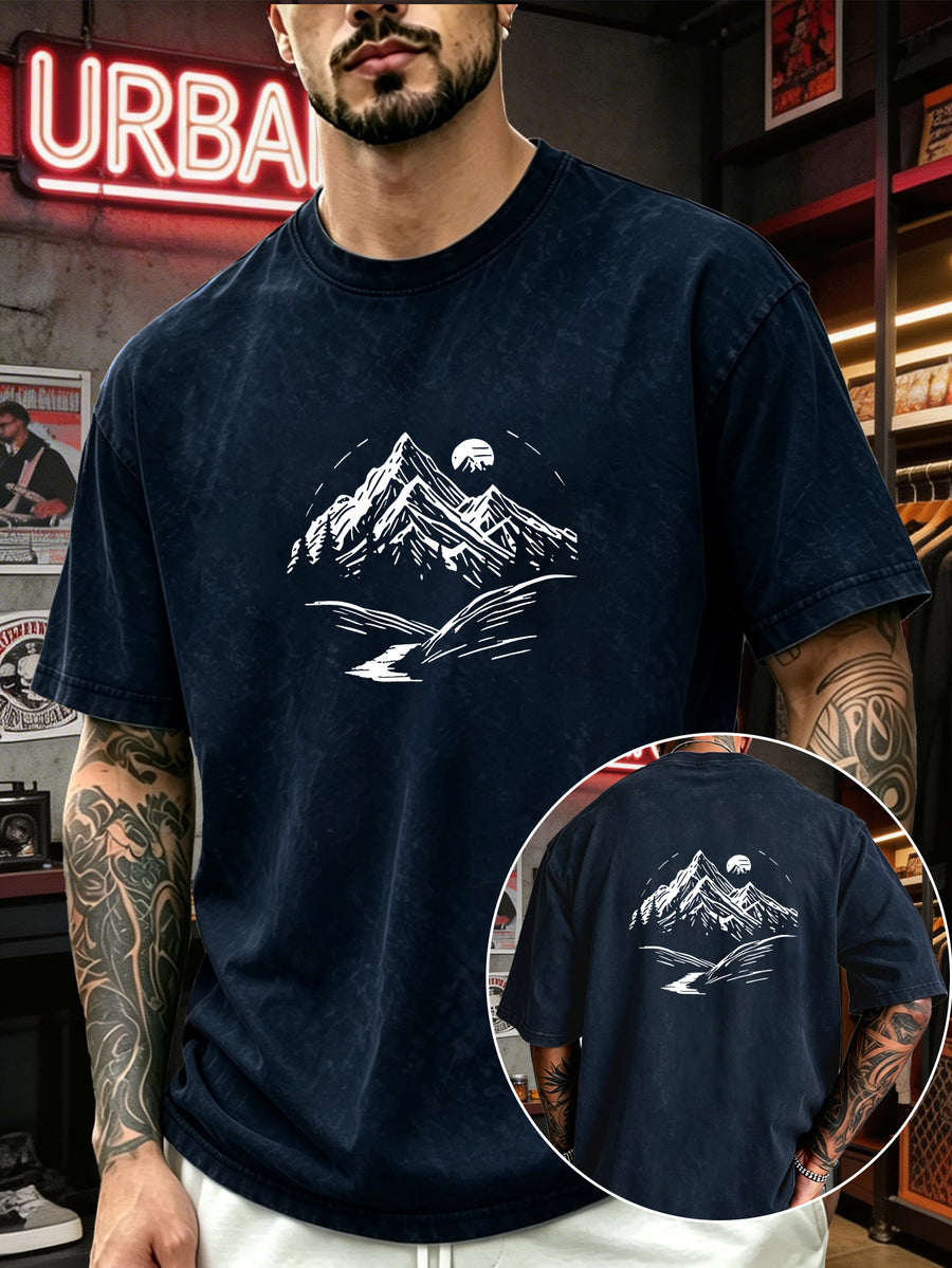 Men's Heavyweight T-Shirt Washed Distressed Fashion Print 2026 Summer New Urban High Street Hiphop Style Vintage Acid Wash Casual Gym Workout Top Pure Cotton Breathable Base Shirt - Navy Color