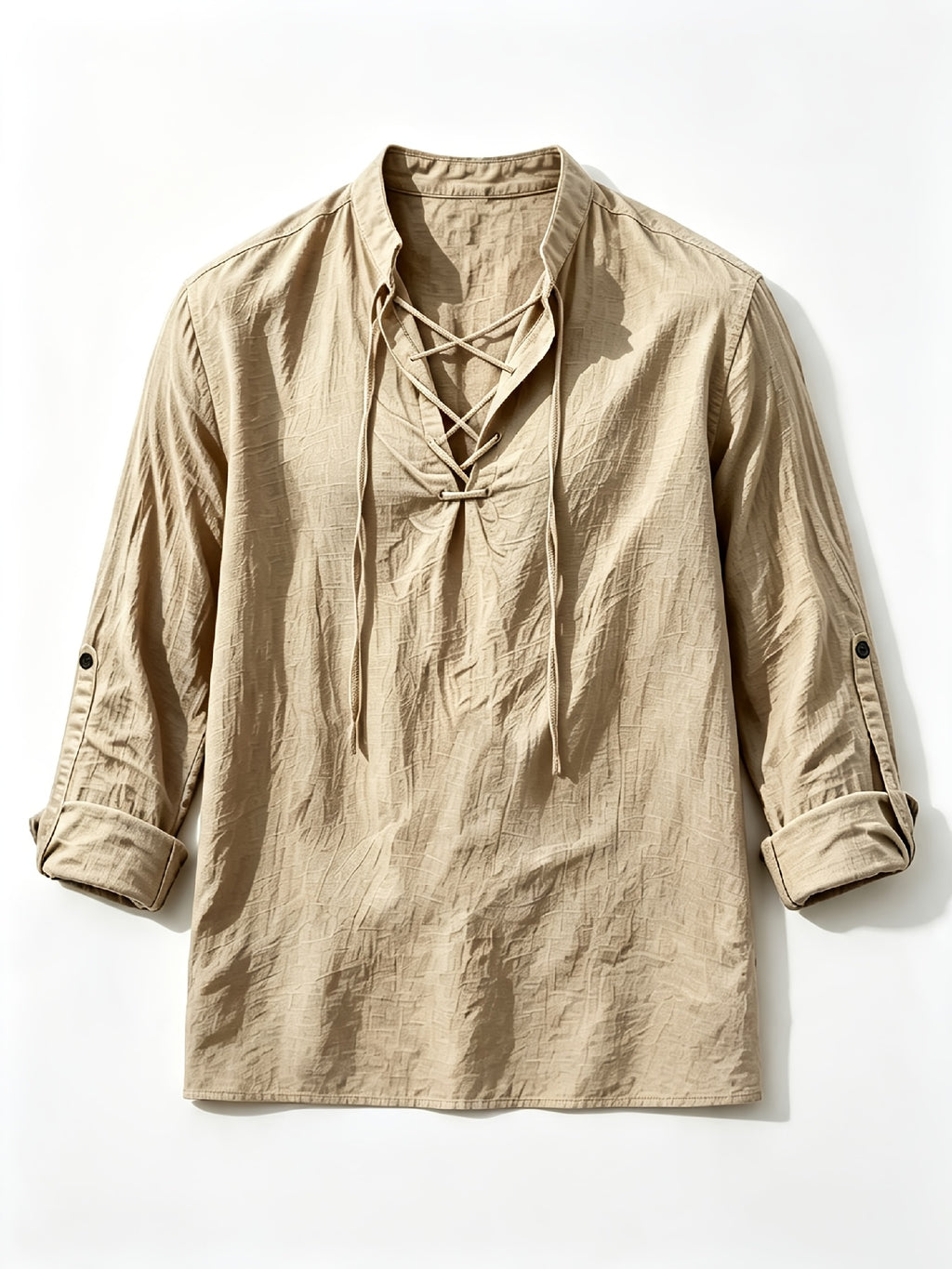 [Know And Give OBM] Men'S Solid Color Stand-Collar Linen Long Sleeve Shirt, Semi-Open Front Design, Roll-Up Sleeve Style | Casual Commute, Short Vacation, Leisure Gatherings | Men'S Versatile Top - Khaki