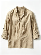 [Know And Give OBM] Men'S Solid Color Stand-Collar Linen Long Sleeve Shirt, Semi-Open Front Design, Roll-Up Sleeve Style | Casual Commute, Short Vacation, Leisure Gatherings | Men'S Versatile Top - Khaki