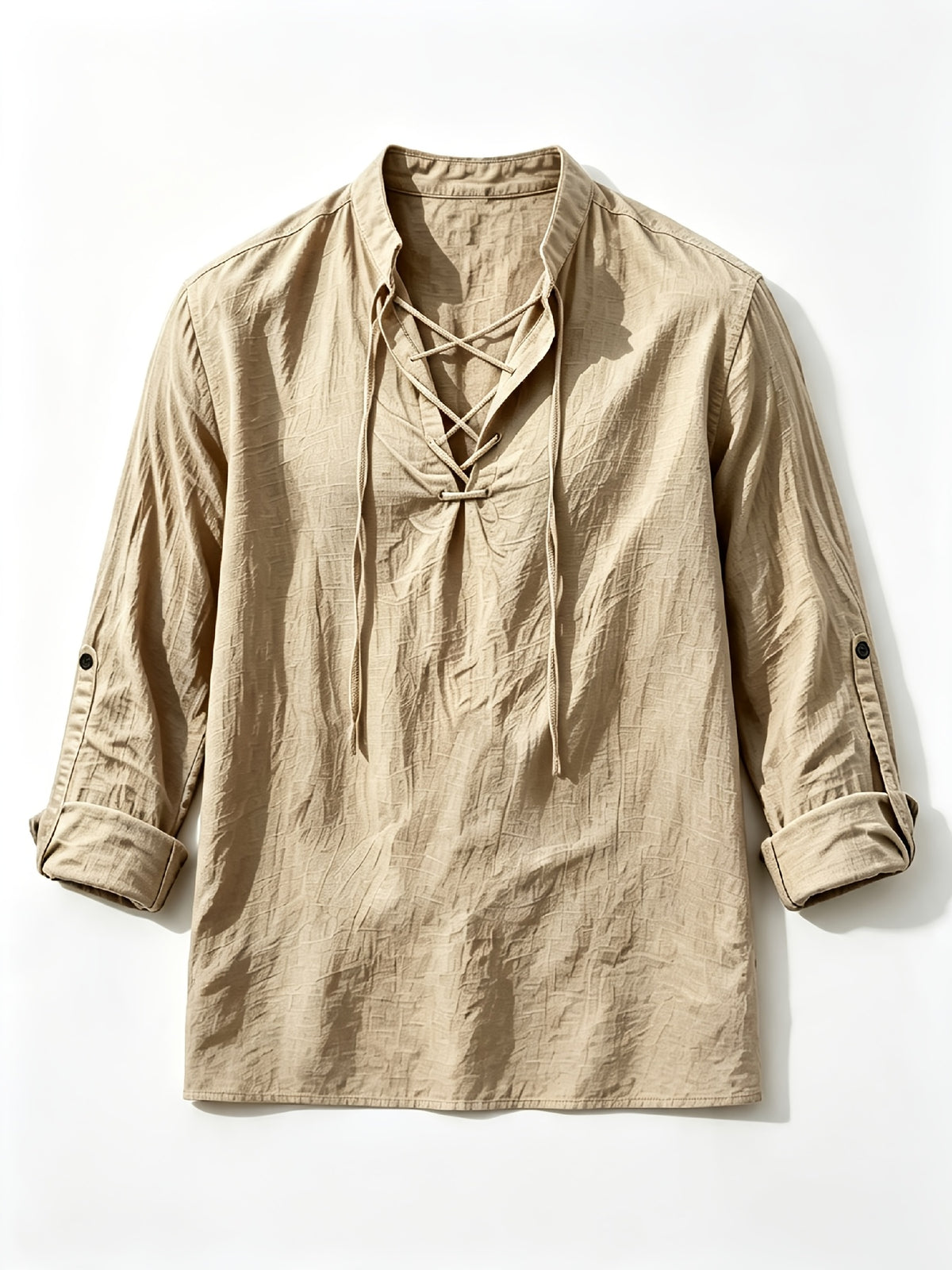 [Know And Give OBM] Men'S Solid Color Stand-Collar Linen Long Sleeve Shirt, Semi-Open Front Design, Roll-Up Sleeve Style | Casual Commute, Short Vacation, Leisure Gatherings | Men'S Versatile Top - Khaki