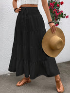 Women's elastic high-waisted ruffle A-line long skirt with drawstring design in Bohemian style. - Black