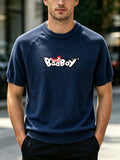 Men's Raglan Crew Neck Short Sleeve Knitwear with Street Graffiti Letter Print, Thin, Breathable, Casual Half-Sleeve - Navy Color