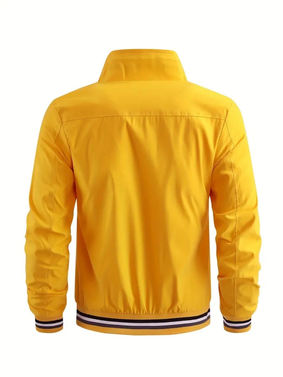 Men'S Sports Solid Color Stand-Up Collar Jacket, Color Striped Rib Hem, Lightweight And Windproof, Creative Three-Bar Totem Design Elements, Suitable for Jogging in Spring And Autumn, Daily Casual Versatile - ginger-colored