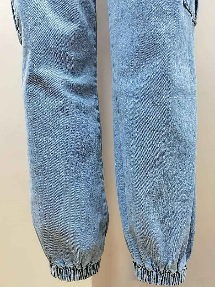Women'S Elastic Vintage All-Match Casual Fashion Elegant Mid-Rise Machine Washable Durable Multi-Functional Loose Multi-Pocket Tapered Cargo Denim Long Pants Street Trendy Style - Bright Steel Blue
