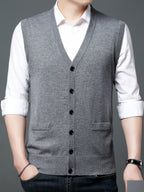 Autumn Winter Men'S Knit Cardigan Vest Men'S Casual Solid Color Pocketed Knit Vest Men'S V-Neck Open Front Sleeveless Sweater - Grey