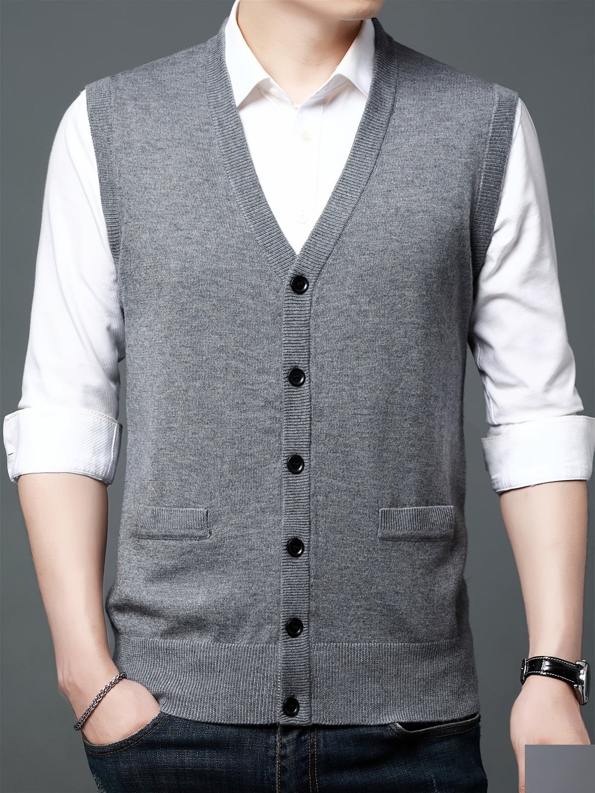 Autumn Winter Men'S Knit Cardigan Vest Men'S Casual Solid Color Pocketed Knit Vest Men'S V-Neck Open Front Sleeveless Sweater - Grey
