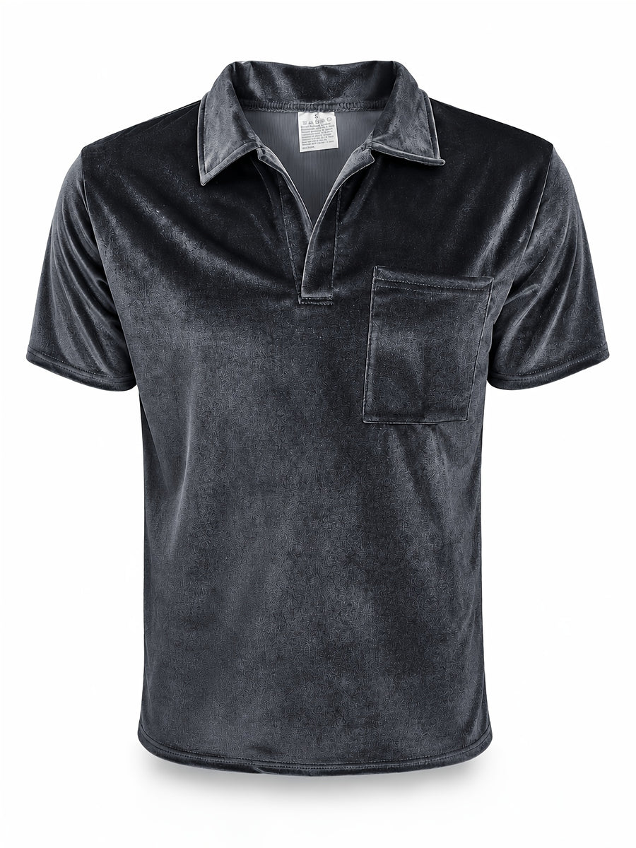 Men's Velvet Lapel Short-Sleeve Polo Shirt, American Relaxed Style, Soft, Skin-Friendly, Breathable, and Versatile, for Daily Commuting and Streetwear - Grey