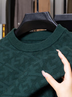 Men'S Round Neck Jacquard Sweater Spring Autumn Tight Thin Business Casual Knit Pullover Top - Dark Green