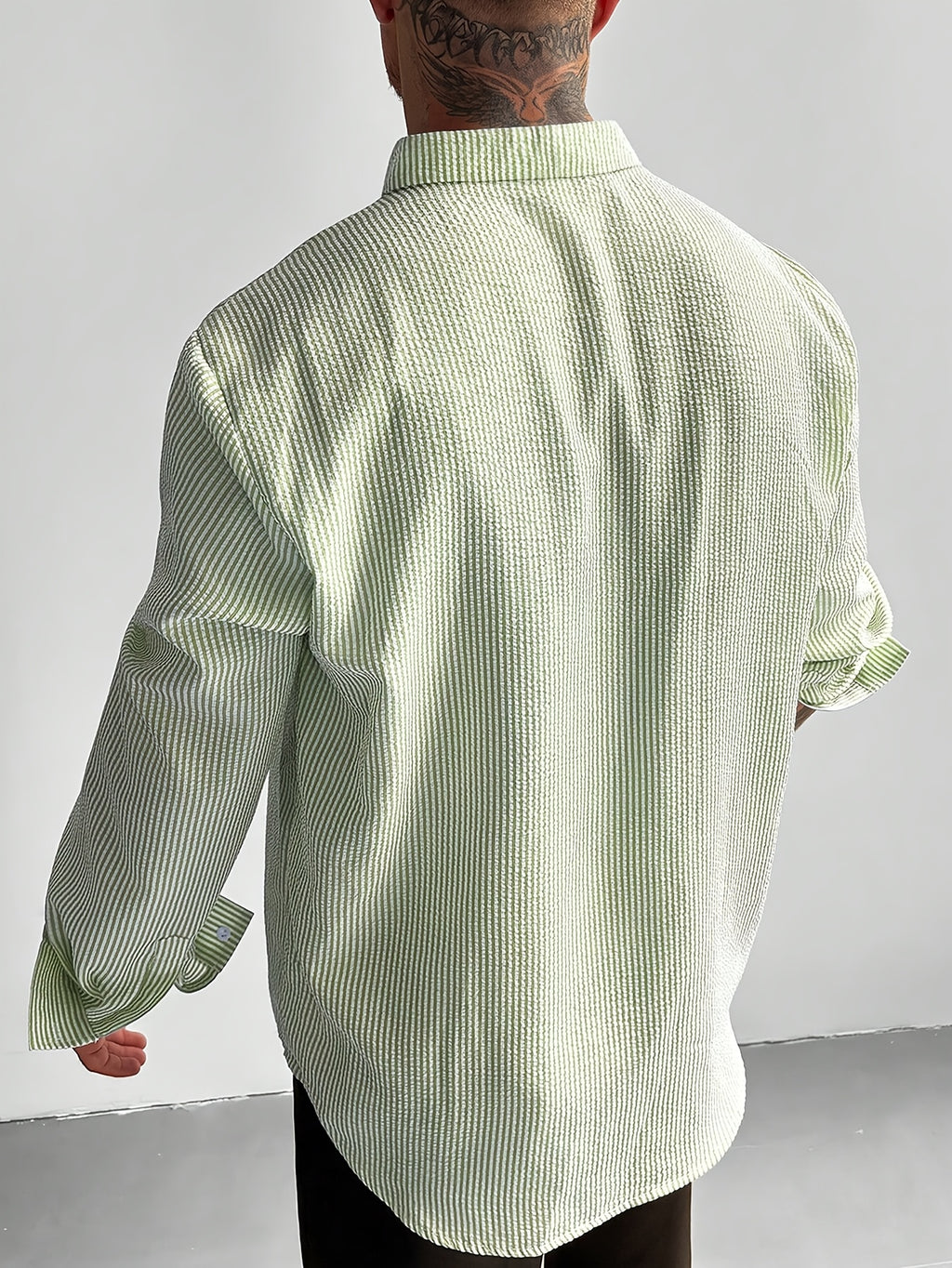 Men's Blue and White Striped Seersucker Shirt, Loose Fit Casual Long Sleeve Men's Shirt, Lightweight and Breathable, Outdoor Beach Vacation Men's Top, Suitable for Vacations, Parties, and Daily Office Wear. Men's Gift. Shirt - Olive