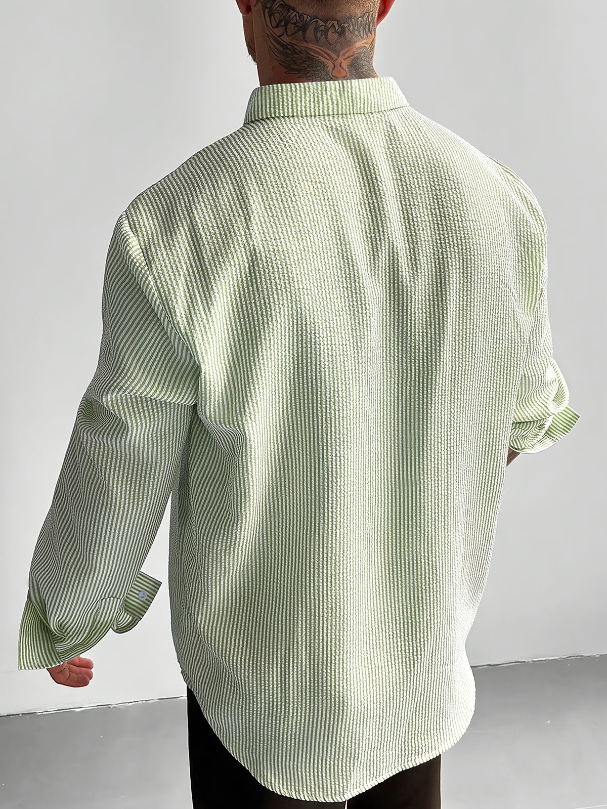 Men's Blue and White Striped Seersucker Shirt, Loose Fit Casual Long Sleeve Men's Shirt, Lightweight and Breathable, Outdoor Beach Vacation Men's Top, Suitable for Vacations, Parties, and Daily Office Wear. Men's Gift. Shirt - Olive