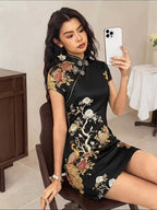 Elegant, Exquisite and Fashionable Women's Chinese Style Cheongsam Dress, Bridesmaid DressStand Collar, Oblique Placket and Frog Button DesignShort-sleeved, Slim Fit, Hip-hugging Short VersionSuitable for Daily Commute and New Chinese Style Wear - Black