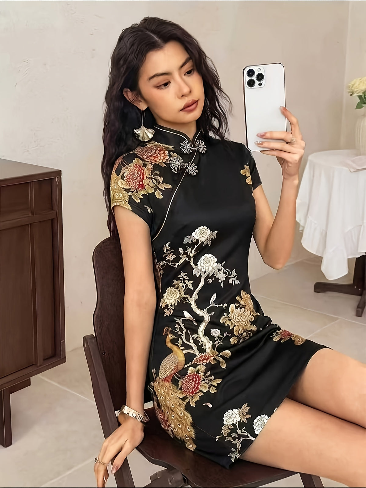 Elegant, Exquisite and Fashionable Women's Chinese Style Cheongsam Dress, Bridesmaid DressStand Collar, Oblique Placket and Frog Button DesignShort-sleeved, Slim Fit, Hip-hugging Short VersionSuitable for Daily Commute and New Chinese Style Wear - Black