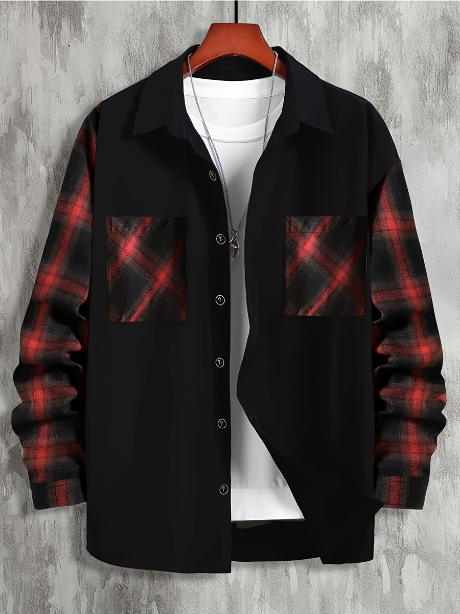 Men'S Casual Plaid Pocket Long-Sleeved Shirt Autumn And Winter Versatile Classic Business Top Stitching Shirt - Red