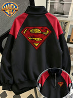 Men'S Half-Zip Stand Collar Sweatshirt, Retro Cracked Distressed Superman Classic S Shield Print, Black Red Contrast Patchwork with Double Stripes Long Sleeve Top, Autumn Winter Loose Casual Athletic Pullover Jacket, Trendy Outerwear for Daily Wear - Black And Red