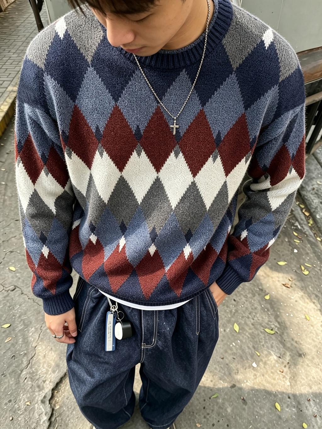 New Autumn/Winter Men's Daily Casual Plaid Pattern Crew Neck Sweater, Loose Fit High Street Knit Top - Blue