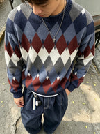 New Autumn/Winter Men's Daily Casual Plaid Pattern Crew Neck Sweater, Loose Fit High Street Knit Top - Blue