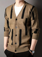 Men's Color-Block Vertical Stripe V-Neck Cardigan, Light Luxury Business Autumn/Winter Knitted Outerwear, Slim-Fit Long-Sleeve Sweater - Khaki