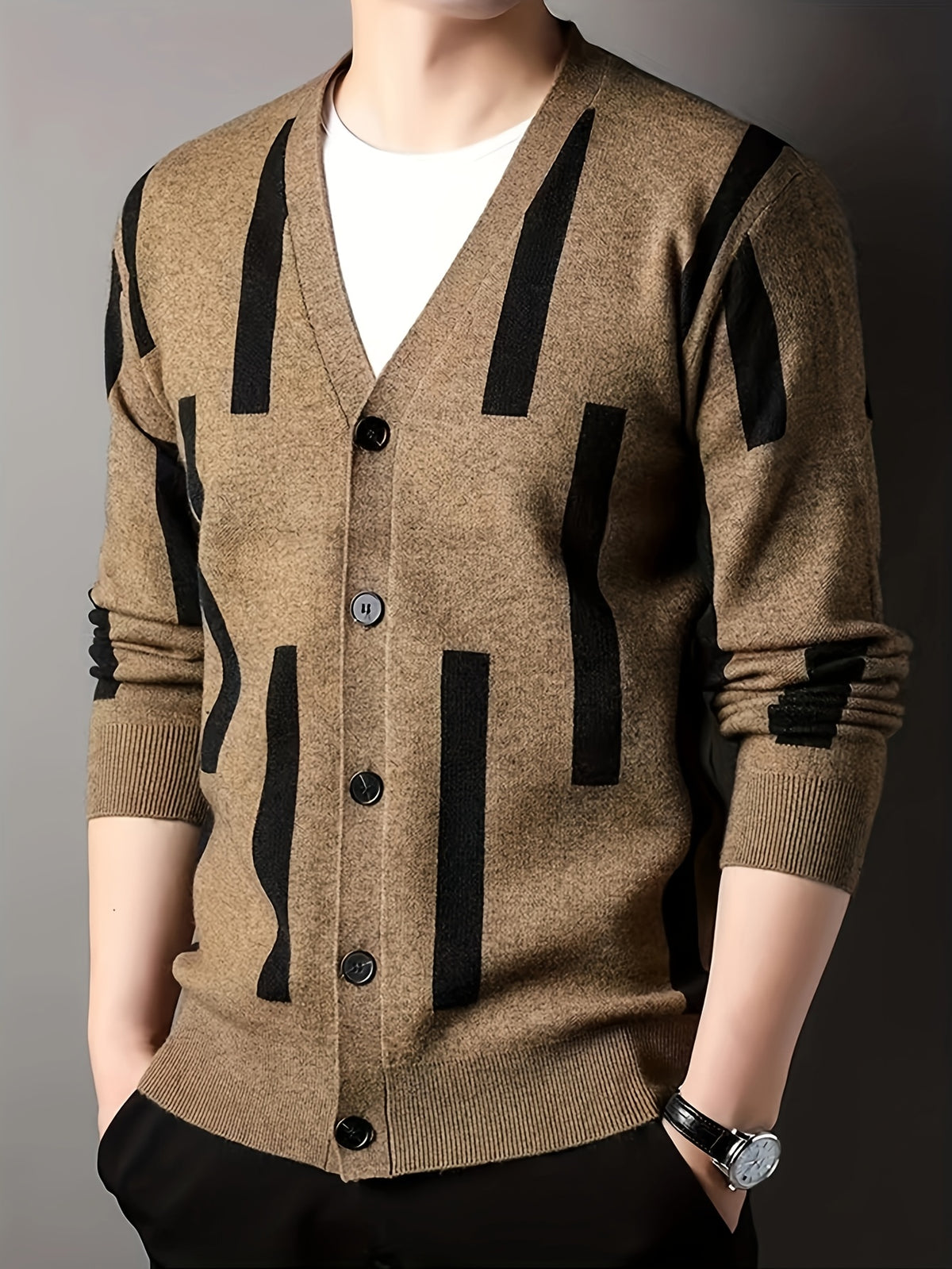 Men's Color-Block Vertical Stripe V-Neck Cardigan, Light Luxury Business Autumn/Winter Knitted Outerwear, Slim-Fit Long-Sleeve Sweater - Khaki