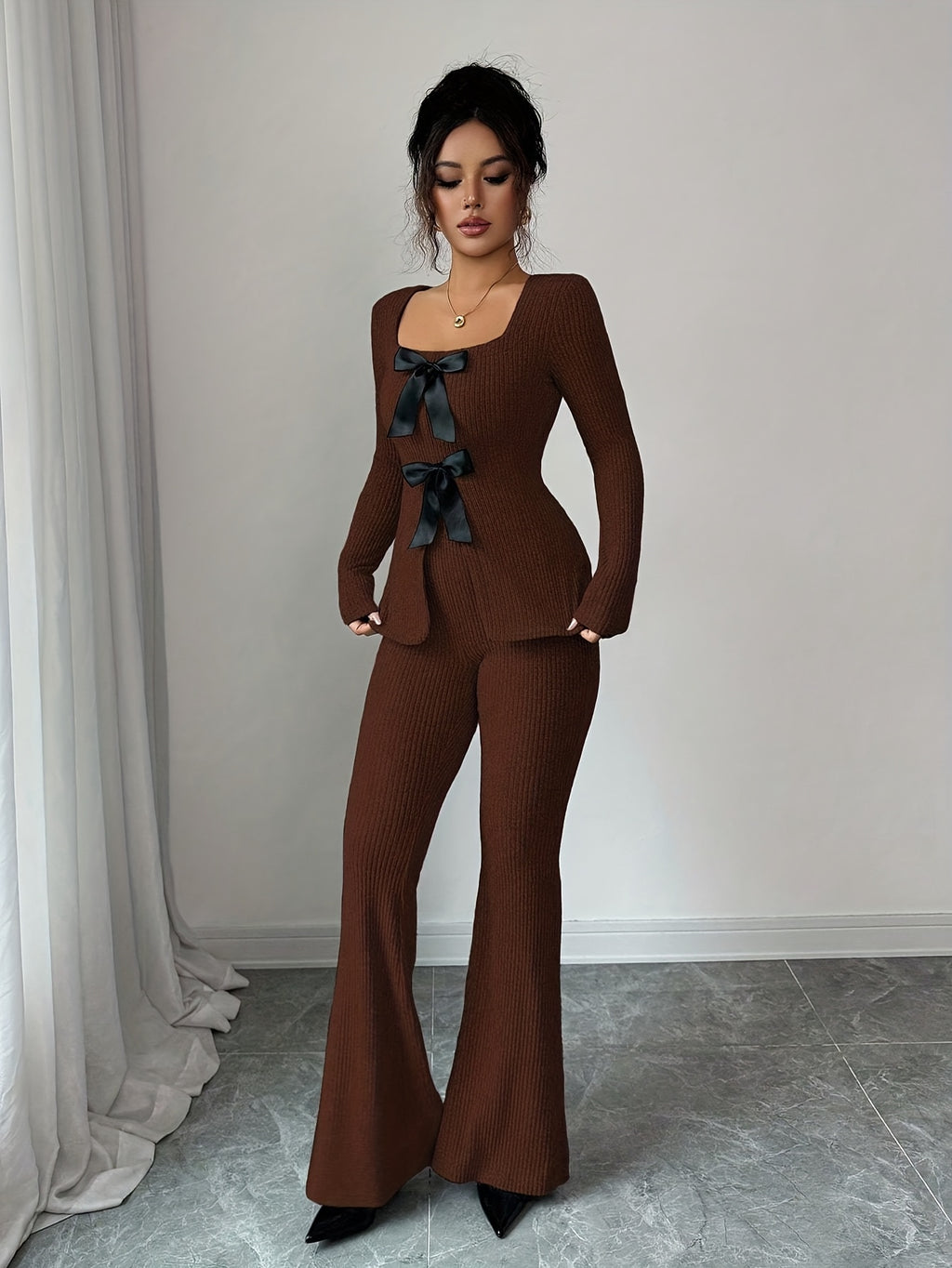 Elegant Fashion New Autumn Winter Solid Color Warm Square Neck Long Sleeve Slim Fit Waist Tie Bow Decor Top and Slim Fit Warm Flared Pants 2pcs Set - Coffee Brown