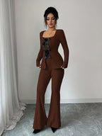 Elegant Fashion New Autumn Winter Solid Color Warm Square Neck Long Sleeve Slim Fit Waist Tie Bow Decor Top and Slim Fit Warm Flared Pants 2pcs Set - Coffee Brown
