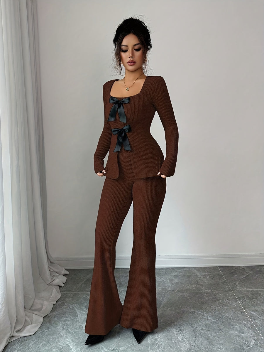 Elegant Fashion New Autumn Winter Solid Color Warm Square Neck Long Sleeve Slim Fit Waist Tie Bow Decor Top and Slim Fit Warm Flared Pants 2pcs Set - Coffee Brown