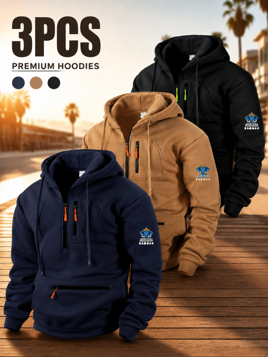 Men's Hoodie Multi Zipper Pocket Design Crown Logo Print Casual Streetwear Fall Winter 3pcs - Navy Blue + Khaki + Black