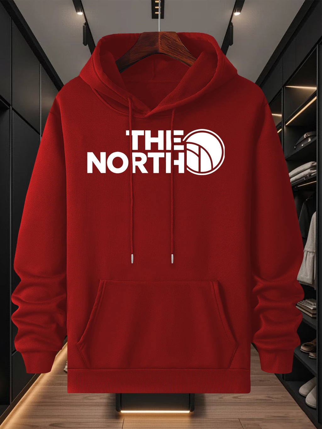 THE NORTH Outdoor Brand Logo Graphic Large Front Print Men's Fashion Hooded Sweatshirt Autumn/Winter Long Sleeve Hooded Pullover Jacket Outdoor Functional Casual Style Daily Wear Outdoor Enthusiast Gift Father's Day & Halloween Gift & Christmas Gift - Red