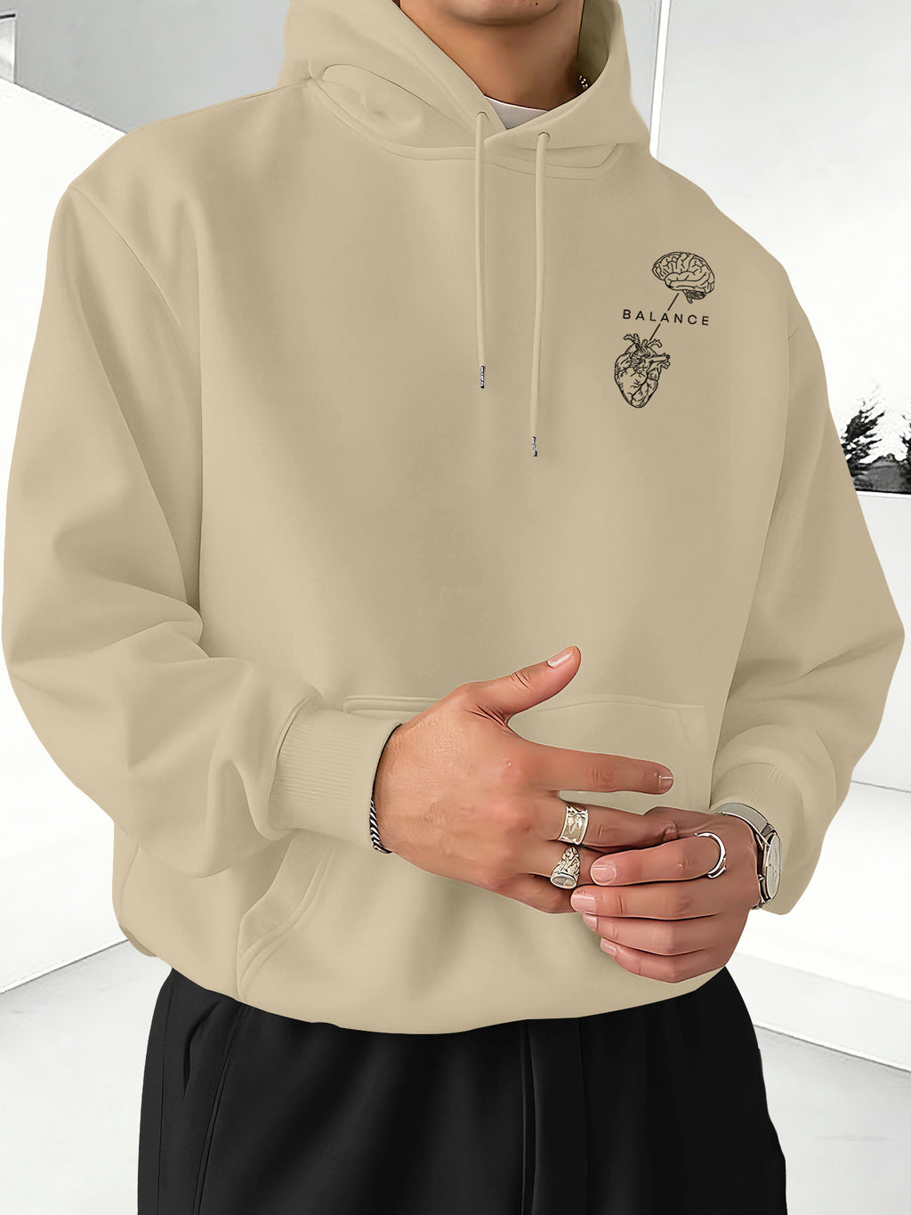 Minimalist Trendy Unisex Hoodie with Brain And Heart Balance Print - Apricot