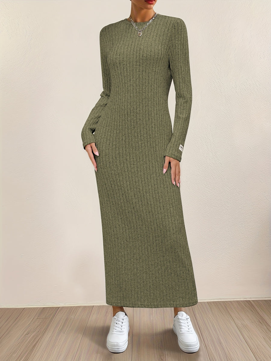 New Women's Round Neck Pullover Long Dress, Suitable for Home Wear, Outerwear, or as a Base Layer, Long Sleeve, Slim Fit, Loose Fit, A-Line, Solid Color, Ribbed, Relaxed Style Long Dress - Army Green