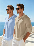 Men'S Textured Collar Button Polo Shirt, Regular Breathable Casual Outdoor Sports Versatile Top, 2pcs Set - Sky Blue+Khaki