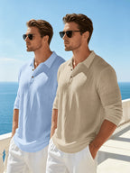 Men'S Textured Collar Button Polo Shirt, Regular Breathable Casual Outdoor Sports Versatile Top, 2pcs Set - Sky Blue+Khaki