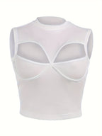 [Self-Designed Pattern] JFL141 Sexy Hollow Out Sleeveless Top for Women, European And American Style, Solid Color, Round Neck, Slim Fit, Versatile Vest - White