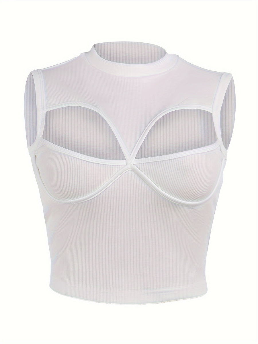 [Self-Designed Pattern] JFL141 Sexy Hollow Out Sleeveless Top for Women, European And American Style, Solid Color, Round Neck, Slim Fit, Versatile Vest - White
