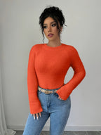 Women'S Soft Mint Green Sweater - Cozy Long Sleeve Round Neck Pullover for Fall/Winter, Casual & Office Wear, Elegant Everyday Chic Style, Comfortable Fit - Orange-Red