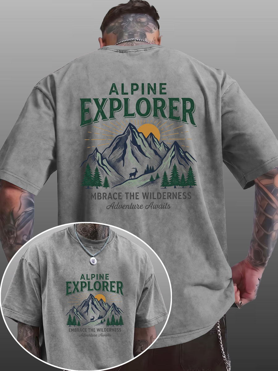Short Sleeve T-Shirt Men'S Pure Loose Washed Distressed Top Mountain Adventure Forest Sunset Pattern Trendy Reversible Double-Sided Print Multicolor Casual American Street High Street Hip-Hop Style Daily Outing Commute Fitness Couple Style Y2K Natio - Grey