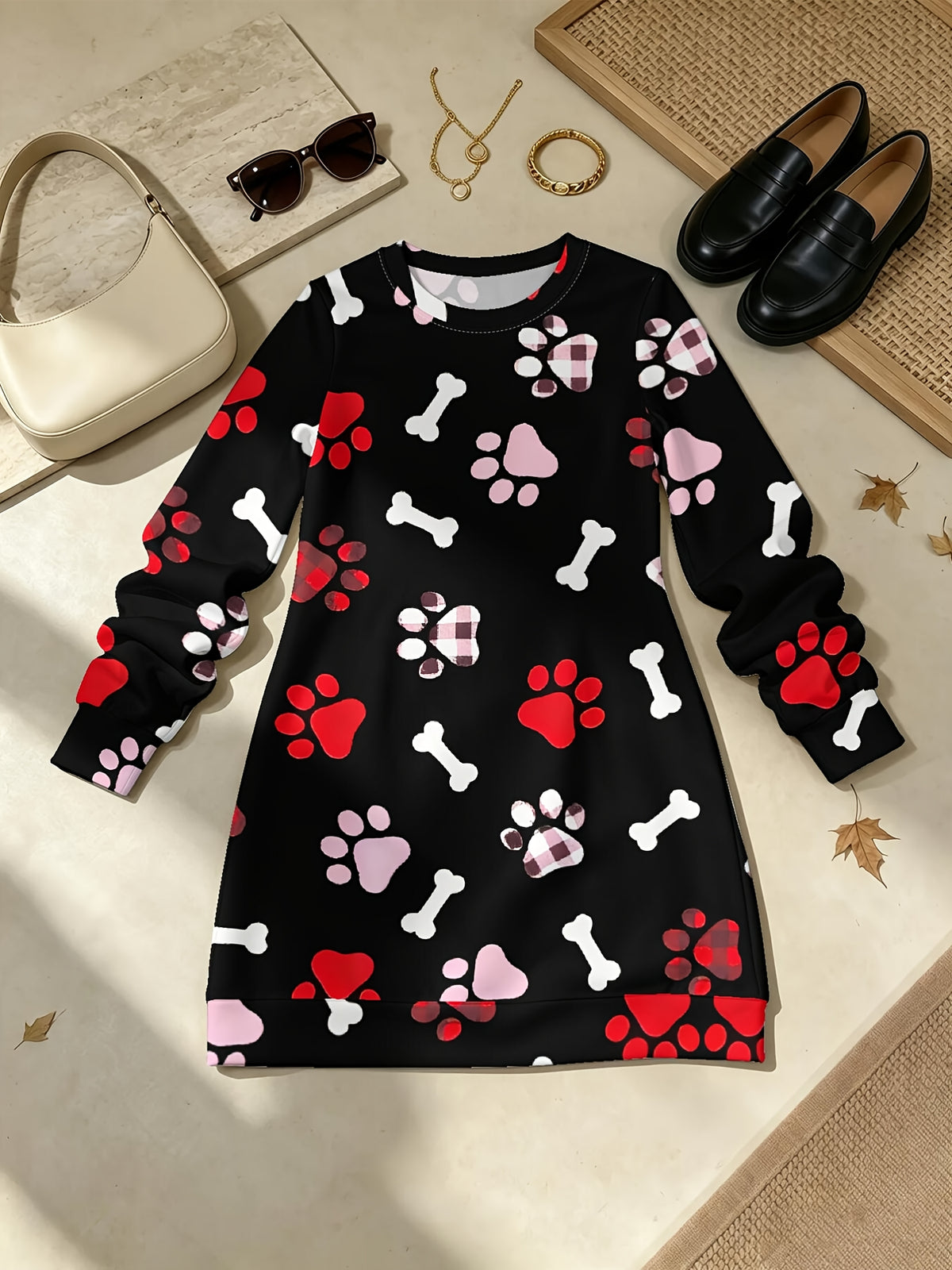 Women's Paw Print & Bone Dress - Full-Body Print A-Line Maxi Dress with Lace Round Neck, Long Sleeve Suitable for Commuting, Home, Dating, Fall/Winter Outfits, Non- Style Dress - Multicolor