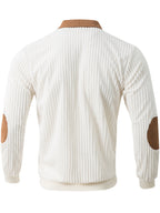 [Pearson OBM] Contrast Collar Half-Zipper Men'S Vertical Striped Long Sleeve Knit Sweater, Elbow Patch Casual Elastic Slim Commute All-Match Fall Top - Milky White