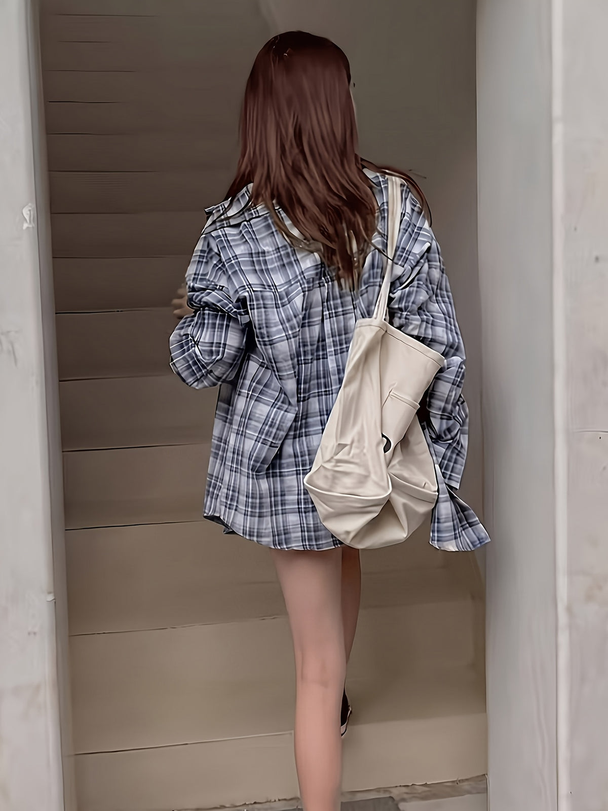Women'S Shirt Multicolor Brushed Checkered Shirt Loose Top - Sea Blue