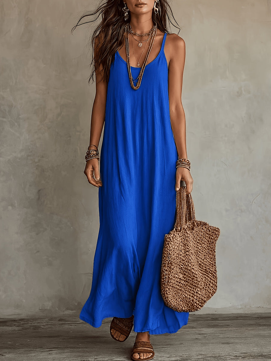 Women'S Spaghetti Strap Maxi Dress, V-Neck Loose Flowing Long Dress, Bohemian Casual Beach Vacation Summer Beach Dress - Royal Blue