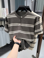 Men's Lightweight Breathable Knit Button-Up Shirt - Old Money Style Striped Half-Placket Stand Collar Short Sleeve Tunic Pullover, Suitable for Business Casual, Layering Base Layer for Spring Summer Outdoor Golf, Running, Daily Wear - Grey