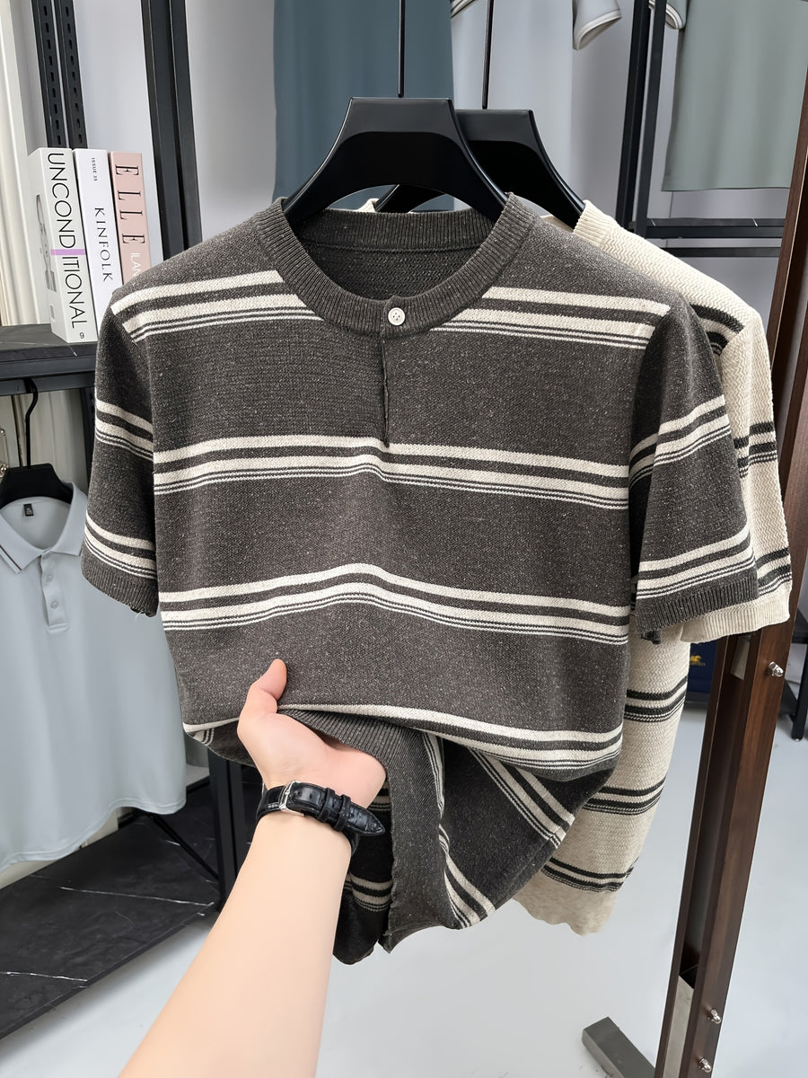 Men's Lightweight Breathable Knit Button-Up Shirt - Old Money Style Striped Half-Placket Stand Collar Short Sleeve Tunic Pullover, Suitable for Business Casual, Layering Base Layer for Spring Summer Outdoor Golf, Running, Daily Wear - Grey