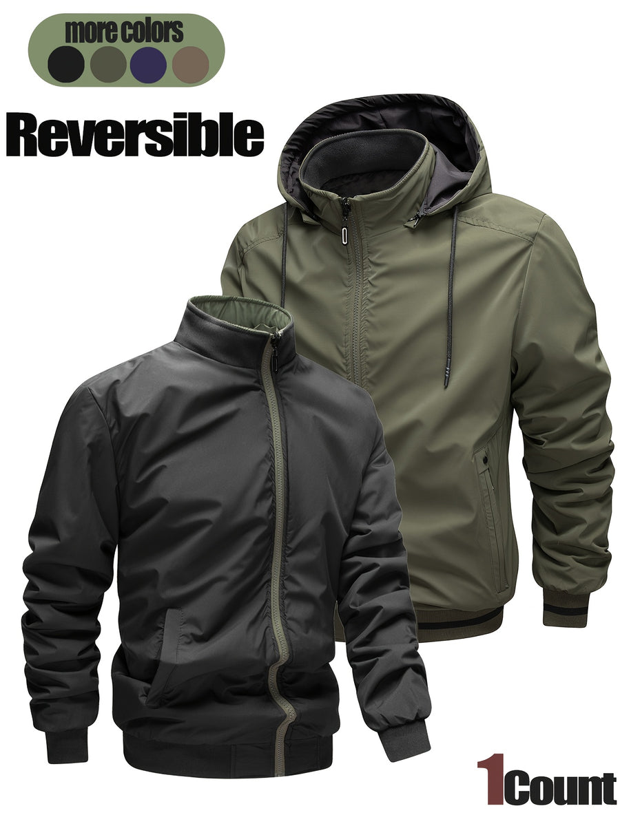 New Men'S Warm Thick Reversible Hooded Outdoor Jacket with Zipper Pockets Detachable Hood And Ribbed Cuffs Versatile Casual Coat for Daily Commute Wild Adventure Skiing Hiking Trekking Daily Outdoor Outfits - Military Green