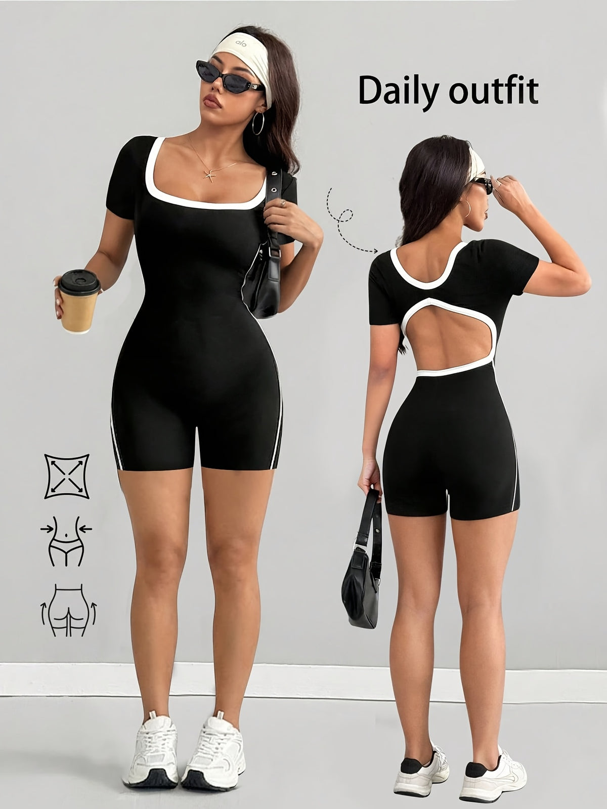 Butter-Soft Summer Jumpshort, High-Stretch Fabric, Backless Square Neck Design, Comfortable Street Style, Suitable for Outdoor, Leisure, Fitness, All Body Types, Y2K Aesthetic, Summer Essential - Black