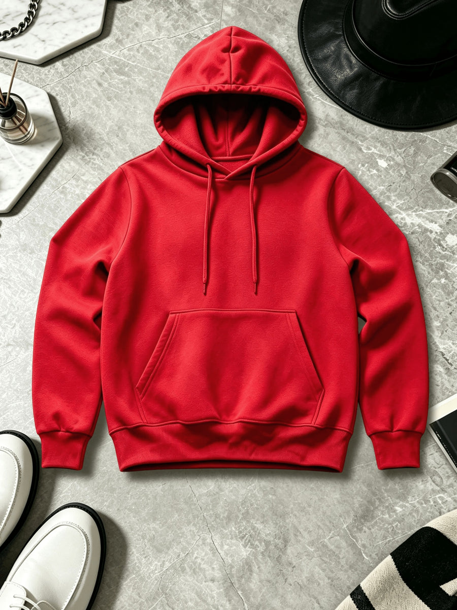 Solid Color Men'S Athletic Hooded Sweatshirt - Regular Fit with Front Kangaroo Pocket, Machine Washable, Casual And Sporty Style, Comfortable for Daily Wear - Casual Long Sleeve with Hood - Red