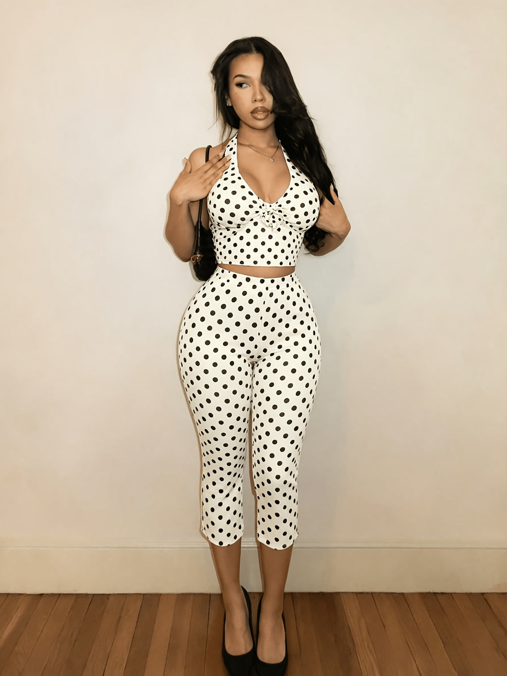 Fashionable Women's Sexy Black and White Polka Dot Halter Neck Set - Apricot